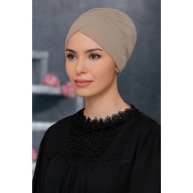 Bej Pratik Hazır Geçmeli Tesettür Bone Sandy Kumaş Taçlı Büzgülü (545490270) Bej