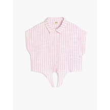 Koton Bağlama Detaylı Kısa Kollu Gömlek Yaka Bluz Pınk Strıpe 5skg60051aw Pembe Çizgili Pembe