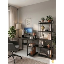 Vien 2 Set Kitaplıklı Masa Raflı Çalışma Masası 5 Raflı Kitaplık Monitör Yükseltici Siyah - Siyah