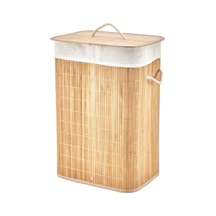 Dikdörtgen Bambu Ahşap Kirli Çamaşır Sepeti 40x30x60cm Seyyar Kapaklı İçi Bezli İp Kulplu 5468 Varsoph