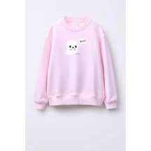 Monila Unisex Çocuk Cadılar Bayramı Temalı Baskılı Pamuklu Sweatshirt Pembe