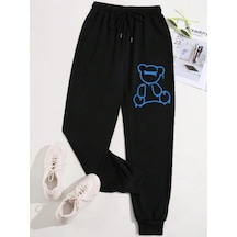 Bear Print Drawstring Waist 4 Mevsim Eşofman Siyah