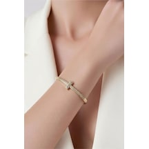 Zirkon Taşlı Modern Tasarım T Kadın Gold Kelepçe Bileklik Altın Altın