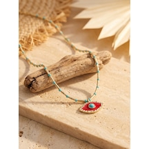 Rhea Jewelry Nazar Boncuklu Çelik Kolye Gold Renk Mineli Göz Figürlü Kadın Kolye 3 Renk Kırmızı
