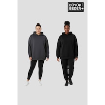 Süperlife Kadın Büyük Beden 2' Li Set Kapşonlu Kollar Ve Etek Ribanalı İnce Swatshırt Spr26bswk957+2 Black-smoked