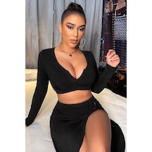 Angbutik Kadın Siyah Uzun Kol Göğüs Ve Göbek Dekolteli Fermuarlı Crop Top Bluz
