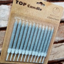 12 Adet Simli Gümüş Pasta Mumu Gümüş Doğum Günü Pasta Mumu Gümüş Pasta Mumu Gümüş Mum Silver Candle