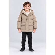 Ahengim Erkek Çocuk Kapüşonlu Peluş Astarlı Kışlık Şişme Mont Fermuarlı Cepli Ak4301 Bej