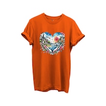 Kalp Şehir Manzaralı Renkli Baskılı %100 Pamuk Regular Fit Unisex T-shirt Turuncu