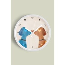 Sevimli Köpekler Modern Duvar Saati - 30cm - Önü Camlı Beyaz Kasa - Sessiz Mekanizma Beyaz