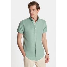 Tudors Erkek Slim Fit Dar Kesim Kısa Kollu Spor Yaka Oxford Doku Pamuklu Yeşil Gömlek-34365 Yeşil