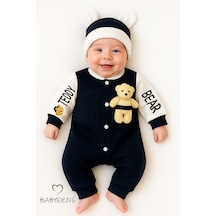 Babyden's Teddy Bear Temalı Yenidoğan Fitilli Tulum Takımı Ayıcıklı Erkek Bebek Tulum Şapka Set %100pamuk Lacivert