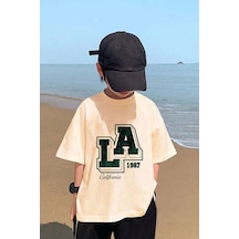 Uyguntarz Unisex Çocuk Los Angles Baskılı Pamuklu Tshirt Bej Uyguntarz Unisex Çocuk Los Angles Baskılı Pamuklu Tshirt Bej