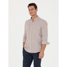 Cacharel Kahverengi Slim Fit %100 Keten Gömlek