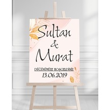 Söz Nişan Düğün İçin 50x70 Karşılama Panosu - Pembe Ve Altın Çiçek Desenli Beyaz