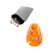 Tineke 2 Li Set Tower Of Tracks Kedi Oyuncağı + Elekli Kedi Tuvalet Paspası Gri 2li