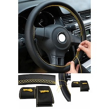 Nissan Note 2006-2014 Uyumlu Direksiyon Kılıfı Dikmeli Siyah Deri Sarı Dikişli