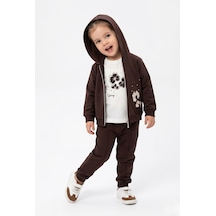 Toontoy Kids Toontoy Kız Çocuk 3'lü Eşofman Takımı Uzun Kollu Bisiklet Yaka Nakışlı T-shirt - Kapüşonlu Fermuarlı Hırka- Beli Paçası Lastikli Eşofman Altı 25042 Kahve