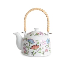 Porselen Çini Piraye Demlik - Bambu/hasır Saplı, Ateşe Dayanıklı Nostaljik Bitki Çayı Ve Çay Demliği 900 Ml - 2 Farklı Desen Seçeneği Pıraye çok renkli