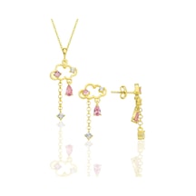 Gümüş Altın Yaldızlı Pembe Zirkon Taşlı Bulut Kolye Ve Küpe İkili Set Barcode Pembe Altın