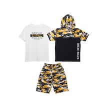 Fyk Kids Erkek Çocuk 3'lü Kamuflaj Desenli Kapri-baskılı Tişört- Kamuflaj Desenli Sweatshirt Alt Üst Takım Sarı