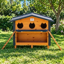 Ahşap 3 Yuvalı Mamalıklı Kedi Evi Dış Mekan