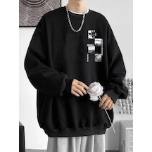 Startmore Unisex Bravely Baskılı Oversize Bisiklet Yaka Sweatshirt Siyah Siyah