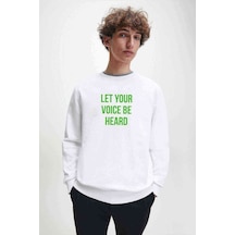 Let Your Voice Be Heard Baskılı Beyaz Erkek Örme Sweatshirt