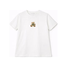 Mixray 2060 Kadın %100 Pamuk Ayıcık Nakışlı Bisiklet Yaka T-shirt Beyaz BEYAZ