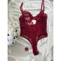 Bordo Dantelli Balenli Bodysuit - Fantezi İç Giyim Bordo