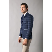 Wessi 2 Düğmeli Ekose Slim Fit Lacivert Ceket Lacivert