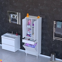 Modilayn Yeni Afra 60x173x32,5 Cm' Lik 1 Çekmece, 1 Göz Sepet, 2 Kapak, 4 Raf Dar Alan Banyo Dolabı Beyaz