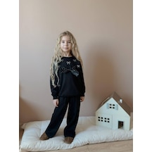 Miniko Kids Kız Çocuk Bayramlık Fiyonk Modelli Taşlı 2li Pamuk Takım Siyah
