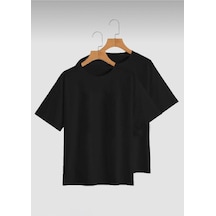 Basic Düz 2'li Çoklu Kombin T-shirt - Siyah Oversize Bisiklet Yaka SIYAH