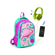 Coral High Kids Su Yeşili Flamingolu Üç Bölmeli Usb Şarjlı Kulaklıkk Çıkışlı Sırt Çantası