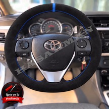 Toyota Verso Ar20 Dikme Direksiyon Kılıfı Full Alcantara Süet Mavi Yüzük Ve Mavi Dikiş 2013-2018 Siyah