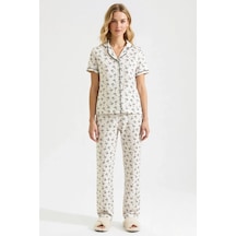 Benerly Kadın Gömlek Yaka Kısa Kollu Regular Kalıp Pijama Takımı Kurdele ekru