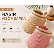 2'li Hasır Vizör Şapka Seti Bej & Pembe Yaz Şapkası Bej - Pudra