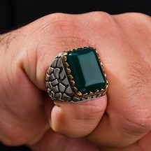 925 Ayar Kare Yeşil Akik Taşlı Tuğla Kasa Gümüş Erkek Yüzük Gümüş