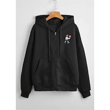 Altamira Unisex Gri Karikatür Baskılı Mevsimlik Oversize Kapüşonlu Hırka 001