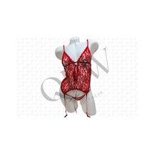 Kırmızı Tüllü Jartiyer Takım + Dantel Kelepçe - Quw60-1007-03