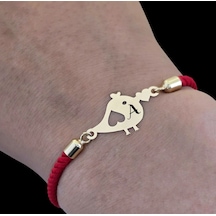 Archin A Harfine Özel Minik Kuş Motifli Kırmızı Örgülü 14 Ayar Altın Plakalı Hediye Bileklik-363harf A