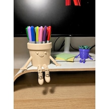 3d Baskı Hareketli Gülen Kalemlik - Eklemli Masaüstü Organizer - Bej Diğer