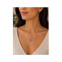 Kalp Figürlü Pembe Taşlı Kolye Ve Küpe Takımı Gümüş - 889883308 Gümüş