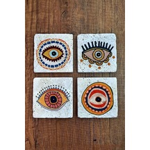 Doğal Taş Bardak Altlığı 4'lü Set - Nazarlık- Nazar Göz Baskılı Stone Coasters Çok Renkli