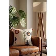 Renkli Modern Çiçek Desenli Kabartmalı Punch Nakışlı Püsküllü Pamuk Dekoratif Kırlent Kılıfı 42x42 Cm Bej
