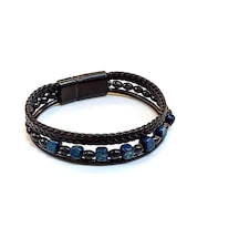 Blue Stone Chain Lacivert Doğaltaş Detaylı Çok Katmanlı Siyah Deri Erkek Bileklik-1437 Antrasit