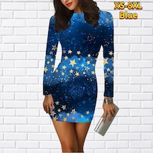 Turuncu Uzun Kollu Bodycon 3d Parlak Yıldız Baskı Elbise Kadın ...
