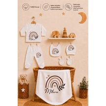 Pia Baby Kişiye Özel Kız Bebek Zıbın Set 6 Parça %100 Pamuk İsimli Organik Baskılı Battaniyeli 1088bz0x Ekru