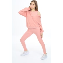 Toontoy Kids Toontoy Kız Çocuk 2'li Takım Baskılı Kapüşonlu Düşük Omuz Çıtçıtlı Sweatshirt & Basic Düz Tayt Mercan